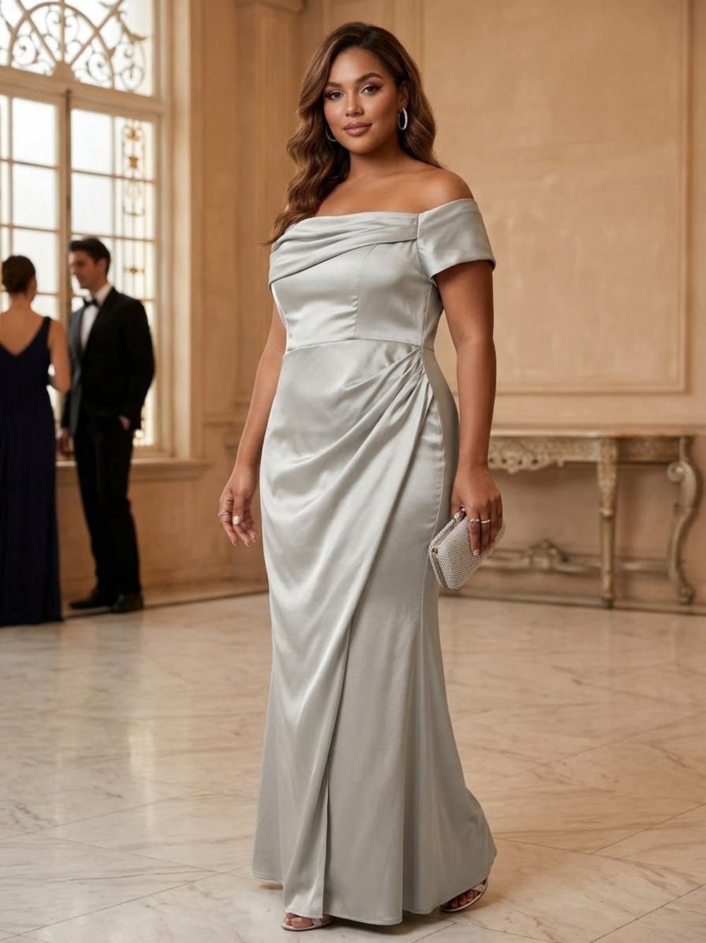 ASOS Curve Off-Shoulder Satin Maxi Dress in Silver-Grey